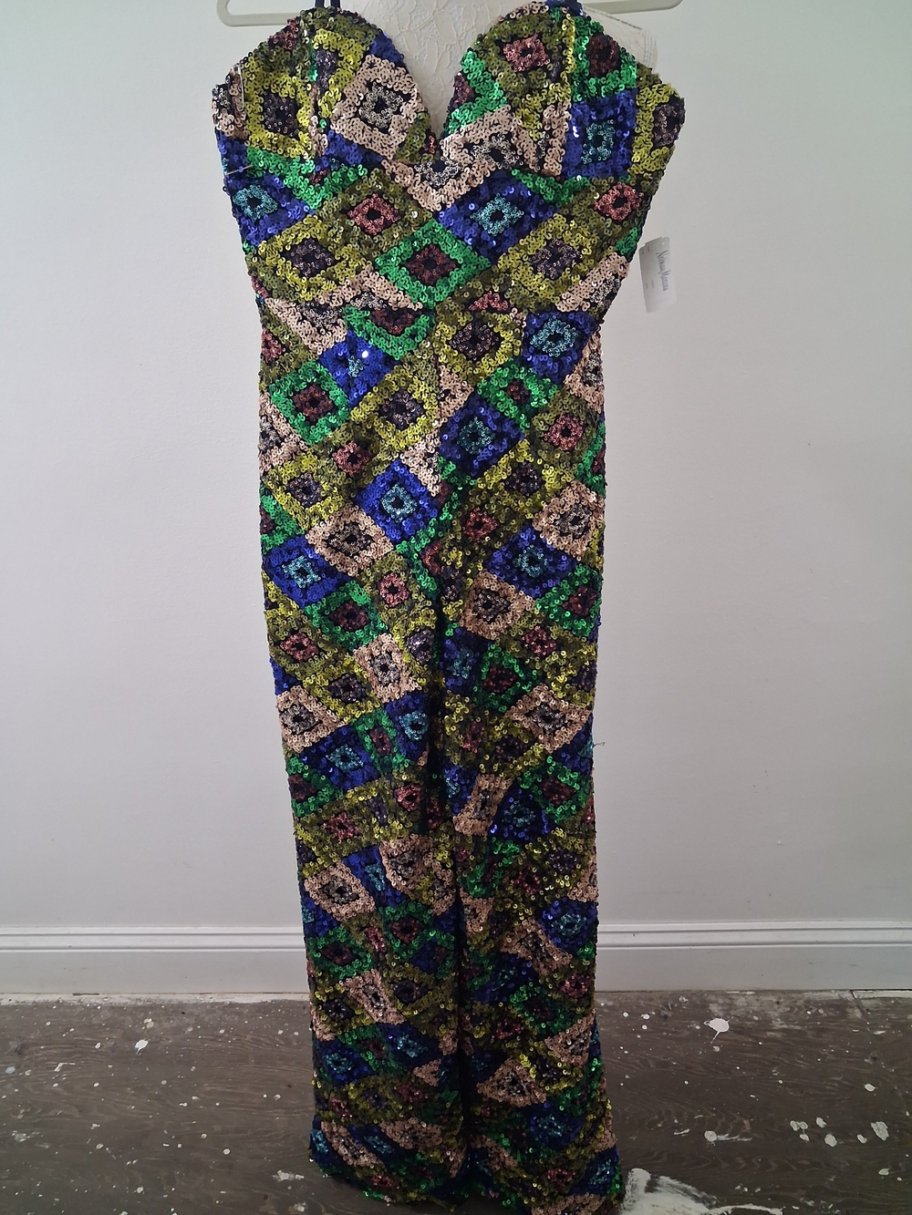 Dress the Population Strapless Sequin Jumpsuit in Green Blue Gold Multi